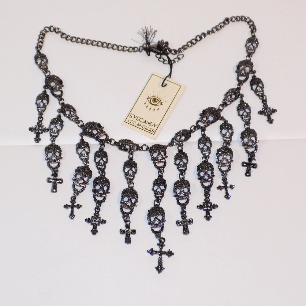 New Eye Candy Glass Crystals Tiered Skulls & Crosses Statement Bib Necklace